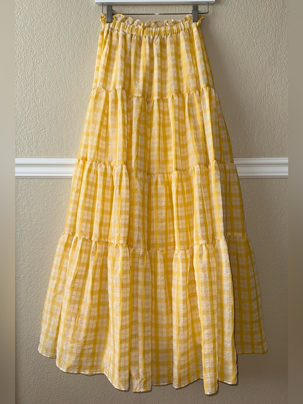 VICI Butter Yellow White Gingham Plaid Tiered Flowy Maxi Skirt Small